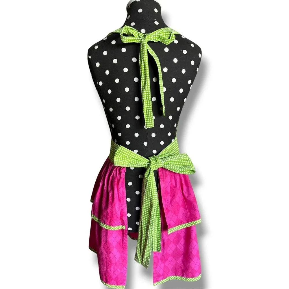 Design Golf Princess Pink Argyle Cotton Apron Green Polka Dot Ruffle Embroidered